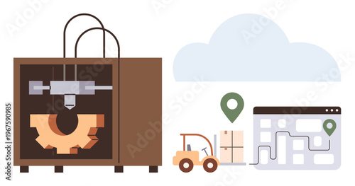 Manufacturing, logistics, supply chain, technology, innovation, production. 3D printer creating a gear, forklift digital map with route. Manufacturing and logistics technology concept