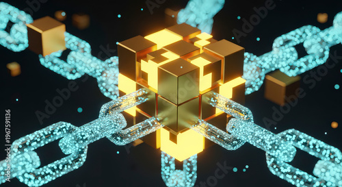 Conceptual blockchain visualization showing glowing cubic nodes connected by digital crystal chains on dark background representing secure network data.