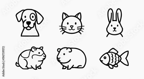 Adorable hand-drawn pets icons: a dog, a cat, a rabbit, a hamster, a guinea pig, and a fish. Cute and simple animal illustrations for various design projects