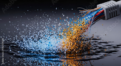 Ethernet cable dispensing a stream of blue and gold data particles into a captivating splash on a dark, reflective surface, representing robust digital communication.