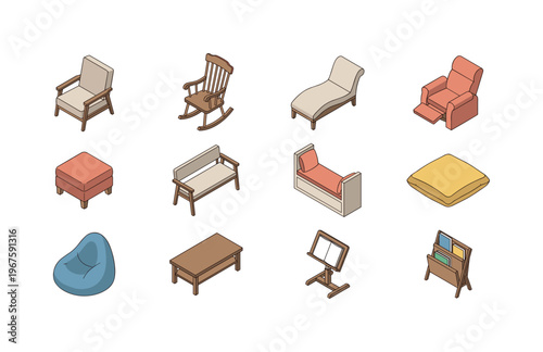 Collection of isometric furniture icons for interior design and home decor