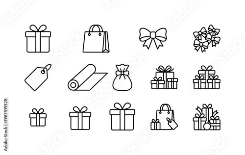 Collection of line art icons representing gifts, shopping bags, and wrapping supplies