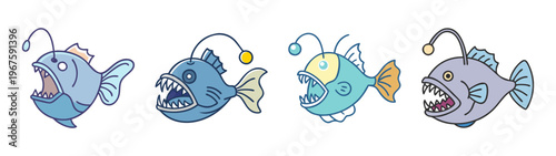 A set of four cartoon fish with fishing hooks in their mouths