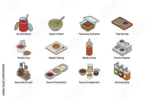 Various sauce serving and presentation methods illustrated in isometric style