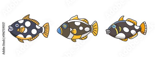 Three cartoon fish with orange fins and white spots on body swimming in different directions
