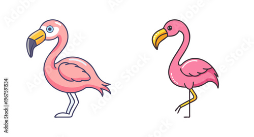 Two pink flamingos standing side by side in a cartoon style