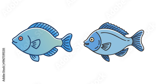 Two blue fish facing each other on a with fins and tails