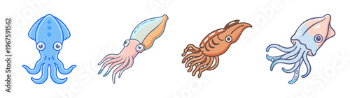 Colorful illustration of four squid and octopus sea creatures in various shades of blue, pink, and orange