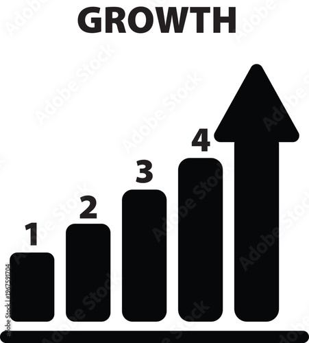A black bar graph showing growth with an upward arrow