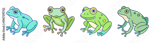 Four colorful frogs in different poses
