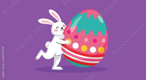 Cute Easter bunny hugging a giant decorated egg, white cartoon rabbit with colorful paschal egg, festive holiday vector illustration on purple background