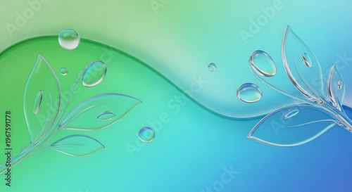 Abstract background of glossy leaves and water droplets in shades of green and blue, symbolizing nature and freshness.