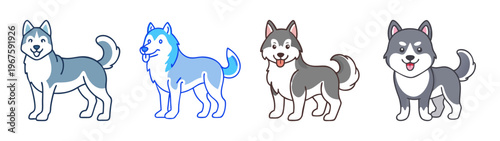 A group of four cartoon husky dogs in different colors and poses