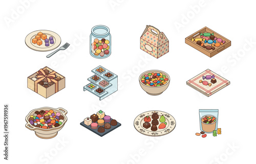 Assortment of colorful candies and chocolates displayed in various containers and settings