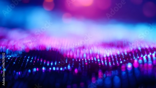 Abstract digital landscape featuring glowing blue and purple particles, symbolizing complex data flow and wave patterns for modern marine science and oceanography research analysis.