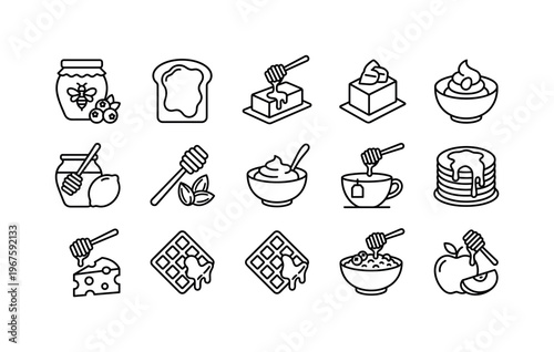 Honey jar with berries, honey on toast slice, honey with butter, honey with lemon slice, honey with nuts mix, honey with yogurt