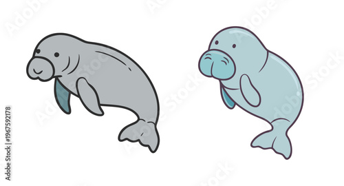 Two cartoon manatees swimming in water, one gray and one blue, cute marine animals