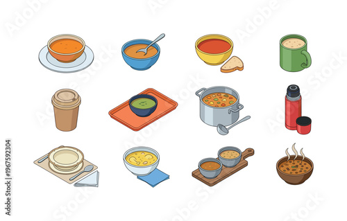 Collection of isometric soup servings and related items in a clean illustration