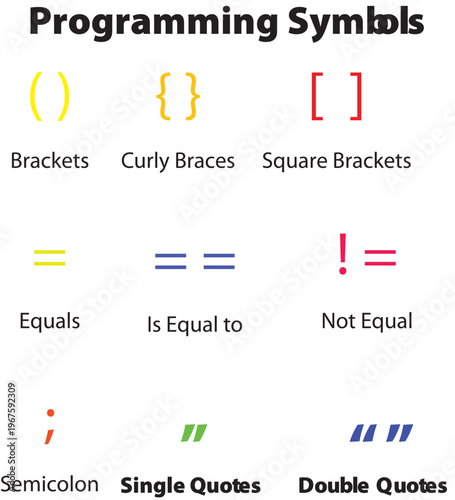 A graphic illustrating common programming symbols on a white background