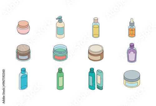Collection of isometric beauty and skincare product containers