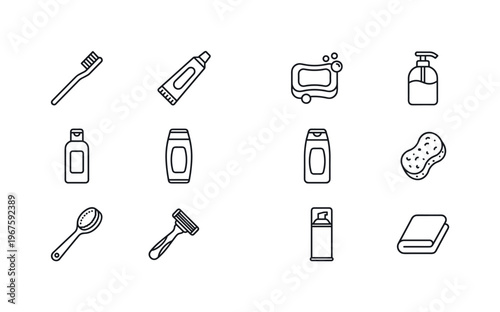 Toothbrush, toothpaste tube, soap bar, liquid soap dispenser, shampoo bottle, conditioner bottle, shower gel bottle, sponge, bath