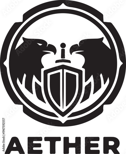 Bold graphic logo featuring two fierce eagles flanking a central shield and sword with Aether text below.