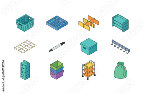 Collection of colorful isometric storage and organization solutions for home and office