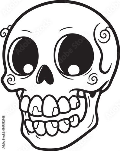 Whimsical black and white sugar skull illustration featuring decorative swirls, perfect for cultural celebrations and designs.