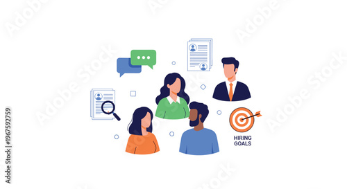 Four diverse individuals are surrounded by hiring-related icons, including resumes, speech bubbles, and a target, on a white background.