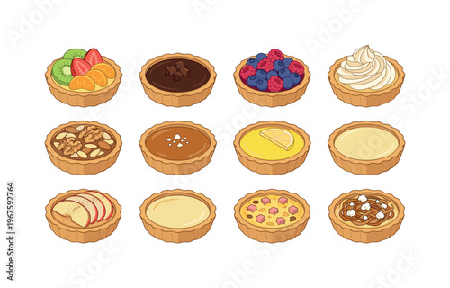 Collection of twelve delicious and diverse tartlet varieties in isometric view