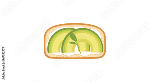 A single slice of white toast topped with two large avocado halves and a green sprout is centered on a white background.
