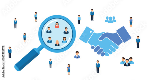 A magnifying glass highlights a central group of people, surrounded by others, with a handshake on a white background.