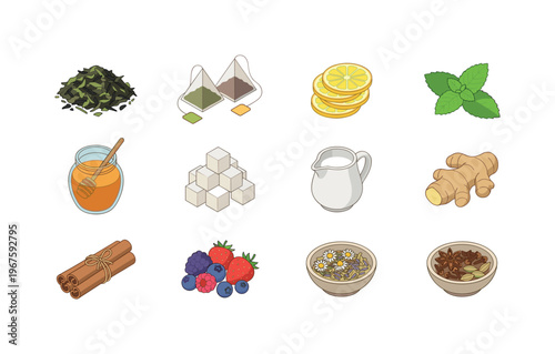 Collection of ingredients for brewing hot and cold beverages like tea and infusions