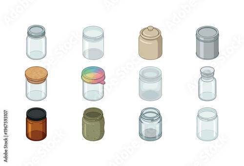 Collection of twelve assorted isometric glass and ceramic jars and containers