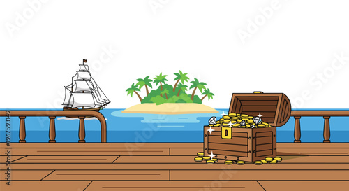 An open treasure chest filled with gold and diamonds sits on a ship's deck with a pirate ship and tropical island in the background.