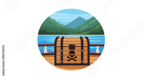A wooden pirate chest with a skull and crossbones is centered on a ship's deck overlooking a calm lake and green mountains.
