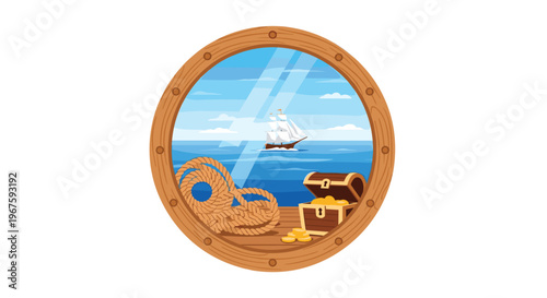 A circular wooden porthole frames a serene sea view with a white sailing ship, a coiled rope, and an open treasure chest on a wooden deck.