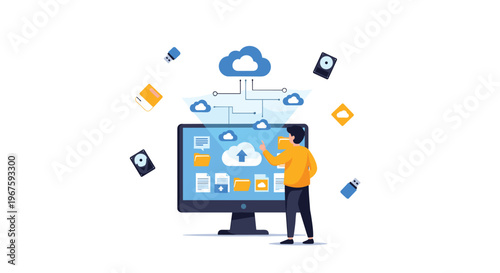 A man interacts with a large computer monitor displaying cloud storage while various devices float around.