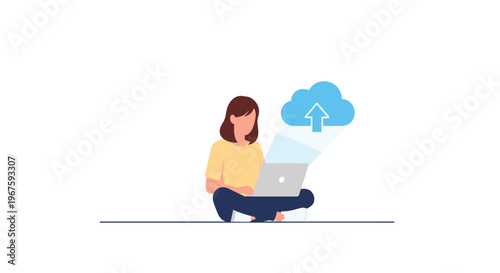 A woman sits cross-legged on the floor using a laptop with a glowing cloud upload icon above it.