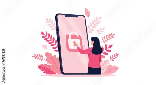 A woman in a pink shirt touches a large pink smartphone displaying a white padlock icon.