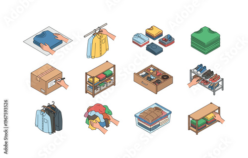 Illustrations of various clothing organization and storage methods