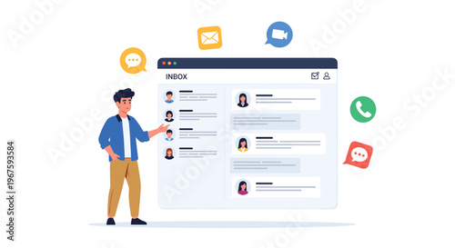 A man gestures towards an email inbox displayed in a browser window surrounded by communication icons on a white background.