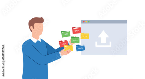 A stylized man in a blue shirt is throwing multiple labeled folders towards a browser window with an upload icon.