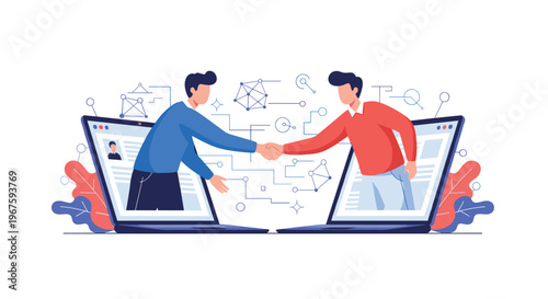 Two stylized men in business attire are shaking hands across two open laptops on a plain white background.