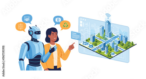 A female character and a humanoid robot observe a transparent screen displaying a smart city with network connections.