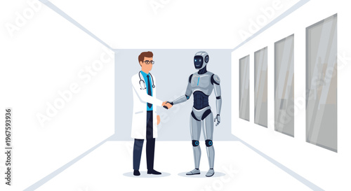 A male doctor and a sleek humanoid robot are shaking hands in a bright, minimalist white hallway.