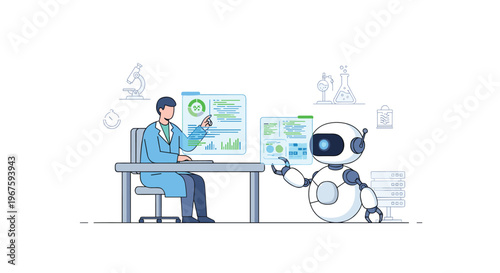 A male scientist sits at a desk interacting with digital screens while a spherical robot points towards a server rack.