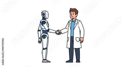 A humanoid robot and a male scientist are shaking hands in a friendly gesture against a plain white background.