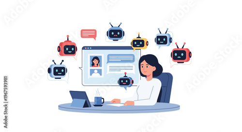 A female character sits at a desk with a tablet, surrounded by six animated chatbot heads and a chat interface on a screen.