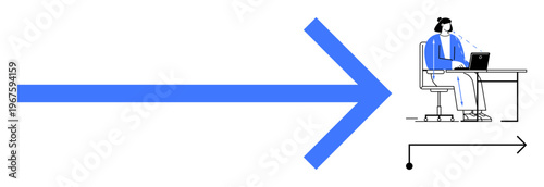 Workflow concept. A blue arrow pointing toward a woman working on a laptop, clear workflow processes and efficient communication. Workflow for productivity, business, planning, technology, and team